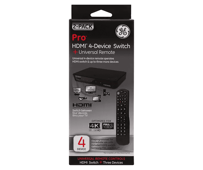 GE PRO 46410 HDMI SWITCH WITH 4-DEVICE UNIVERSAL REMOTE CONTROL (4 PORT)